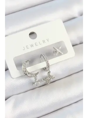 Pirinç Zirkon Taşlı Çiçek Ve Ay Model Gümüş Renk 3lü Çift Kadın Küpe Set