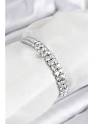 Pirinç Zirkon Taşlı Çift Sıra Kare Model Gümüş Renk Asansörlü Kadın Bileklik