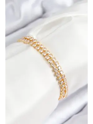 Pirinç Zirkon Taşlı Çift Sıra Model Gold Renk Asansörlü Kadın Bileklik