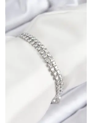 Pirinç Zirkon Taşlı Çift Sıra Model Gümüş Renk Asansörlü Kadın Bileklik