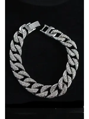 Pirinç Zirkon Taşlı Cuba Gurmet Model Gümüş Renk Erkek Bileklik