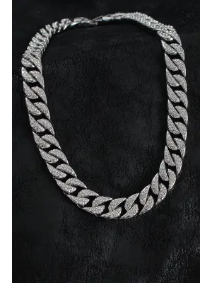 Pirinç Zirkon Taşlı Cuba Gurmet Model Gümüş Renk Erkek Kolye