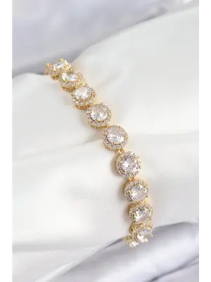 Pirinç Zirkon Taşlı Daire Baget Model Gold Renk VIP Seri Kadın Bileklik