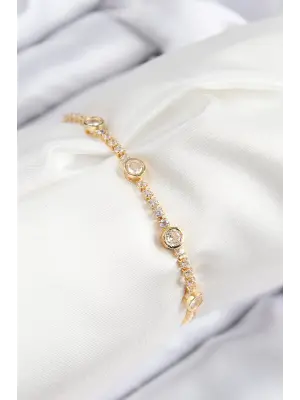 Pirinç Zirkon Taşlı Daire Model Gold Renk Asansörlü Kadın Bileklik