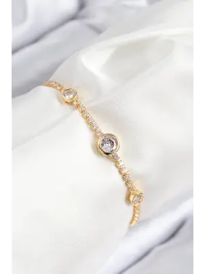 Pirinç Zirkon Taşlı Daire Model Gold Renk Asansörlü Kadın Bileklik