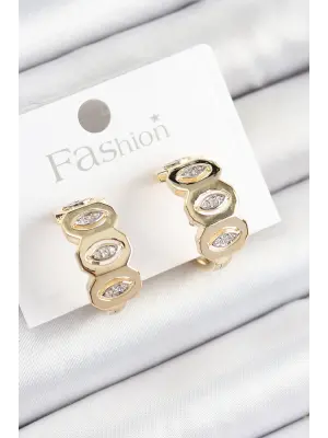 Pirinç Zirkon Taşlı Damla Figürlü Halka Model Gold Renk Kadın Küpe