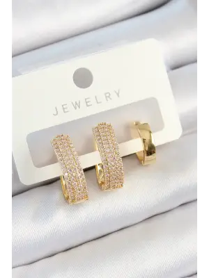 Pirinç Zirkon Taşlı Damla Model Gold Renk 3lü Çift Kadın Küpe Set