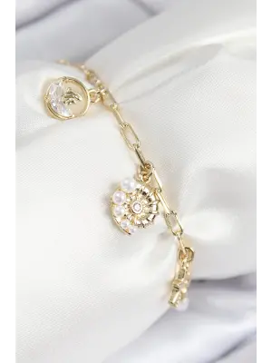 Pirinç Zirkon Taşlı Deniz Kabuğu Model Gold Renk Kadın Bileklik