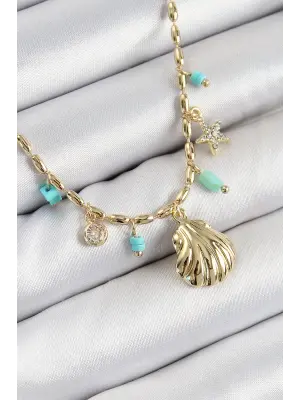 Pirinç Zirkon Taşlı Deniz Kabuğu Model Gold Renk Kadın Kolye
