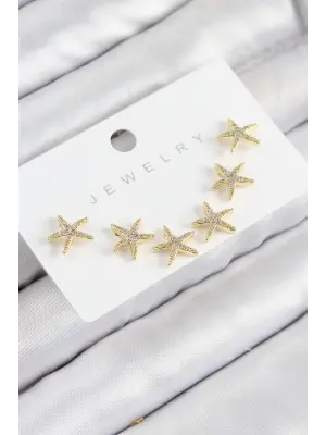 Pirinç Zirkon Taşlı Deniz Yıldızı Model Gold Renk 925 Ayar Gümüş Çivi Kadın Küpe Set