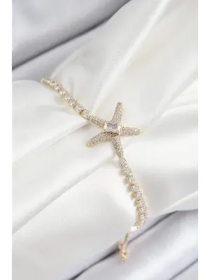 Pirinç Zirkon Taşlı Deniz Yıldızı Model Gold Renk Asansörlü Kadın Bileklik