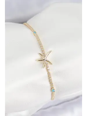 Pirinç Zirkon Taşlı Deniz Yıldızı Model Gold Renk Kadın Bilekilk
