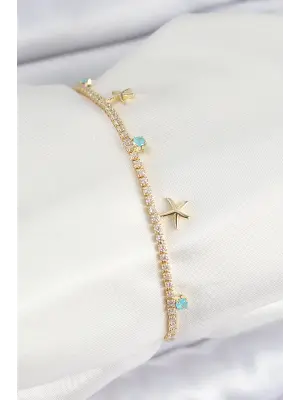 Pirinç Zirkon Taşlı Deniz Yıldızı Model Gold Renk Kadın Bilekilk