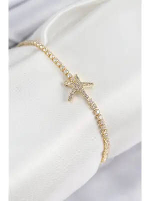 Pirinç Zirkon Taşlı Deniz Yıldızı Model Gold Renk Kadın Bileklik