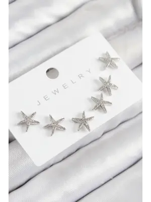 Pirinç Zirkon Taşlı Deniz Yıldızı Model Gümüş Renk 925 Ayar Gümüş Çivi Kadın Küpe Set