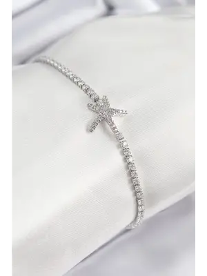 Pirinç Zirkon Taşlı Deniz Yıldızı Model Gümüş Renk Kadın Bileklik