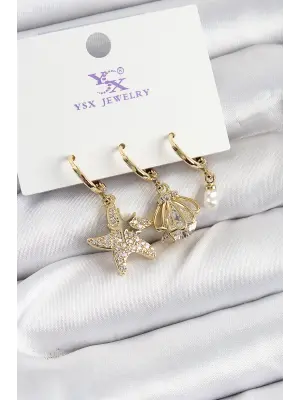 Pirinç Zİrkon Taşlı Deniz Yıldızı Ve İstiridye Model Gold Renk 3lü Kadın Küpe