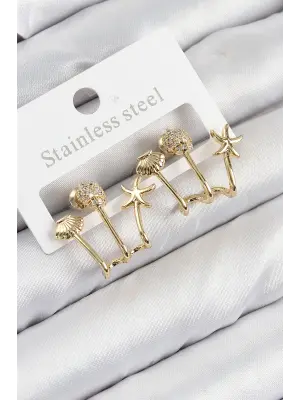 Pirinç Zirkon Taşlı Deniz Yıldızı ve İstiridye Model Gold Renk Kadın Küpe