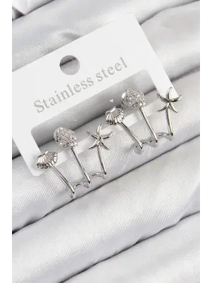 Pirinç Zirkon Taşlı Deniz Yıldızı ve İstiridye Model Gümüş Renk Kadın Küpe