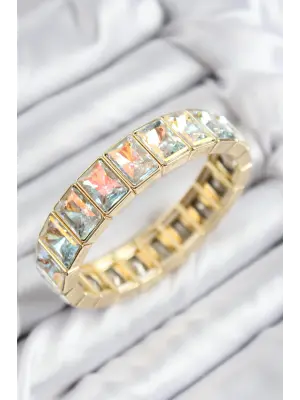 Pirinç Zirkon taşlı Dikdörtgen Gold Renk Lastikli Kadın Bileklik