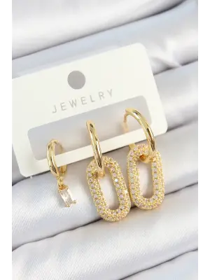 Pirinç Zirkon Taşlı Dikdörtgen Model Gold Renk 3lü Çift Kadın Küpe Set