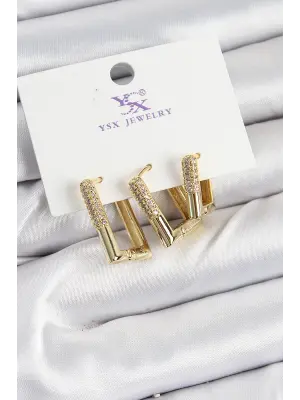 Pirinç Zİrkon Taşlı Dikdörtgen Model Gold Renk 3lü Kadın Küpe