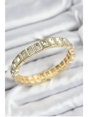 Pirinç Zirkon Taşlı Dikdörtgen Model Gold Renk Lastikli Kadın Bileklik