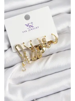 Pirinç Zİrkon Taşlı Dikdörtgen Model Gümüş Renk 3lü Çift Kadın Küpe