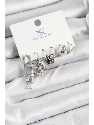 Pirinç Zİrkon Taşlı Dikdörtgen Model Gümüş Renk 3lü Çift Kadın Küpe