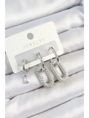 Pirinç Zirkon Taşlı Dikdörtgen Model Gümüş Renk 3lü Çift Kadın Küpe Set