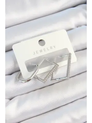 Pirinç Zirkon Taşlı Dikdörtgen Model Gümüş Renk 3lü Çift Kadın Küpe Set