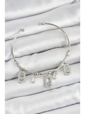 Pirinç Zirkon Taşlı Dikdörtgen Model Gümüş Renk Charm Bileklik