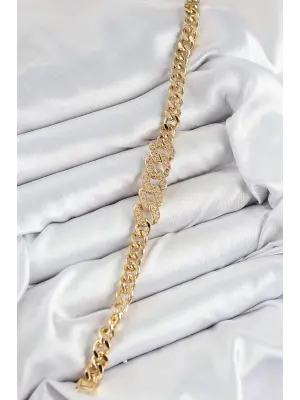 Pirinç Zirkon Taşlı Ezme Küba Zincir Model Gold Renk Kadın Bileklik