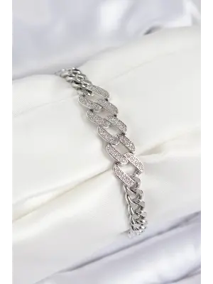 Pirinç Zirkon Taşlı Ezme Küba Zincir Model Gümüş Renk Kadın Bileklik