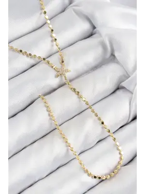 Pirinç Zirkon Taşlı Ezme Zincirli Deniz Yıldızı Model Gold Renk Y Kolye