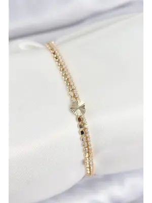 Pirinç Zirkon Taşlı Ezme Zincirli Kalp Model Gold Renk Kadın Bilekilk