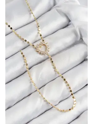Pirinç Zirkon Taşlı Ezme Zincirli Kalp Model Gold Renk Y Kolye