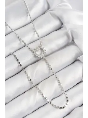 Pirinç Zirkon Taşlı Ezme Zincirli Kalp Model Gümüş Renk Y Kolye