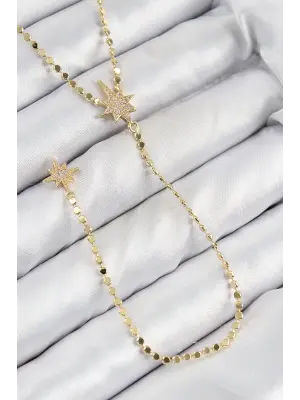 Pirinç Zirkon Taşlı Ezme Zincirli Kutup Yıldızı Model Gold Renk Y Kolye