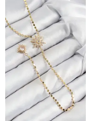 Pirinç Zirkon Taşlı Ezme Zincirli Kutup Yıldızı Model Gold Renk Y Kolye
