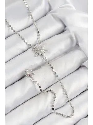 Pirinç Zirkon Taşlı Ezme Zincirli Kutup Yıldızı Model Gümüş Renk Y Kolye