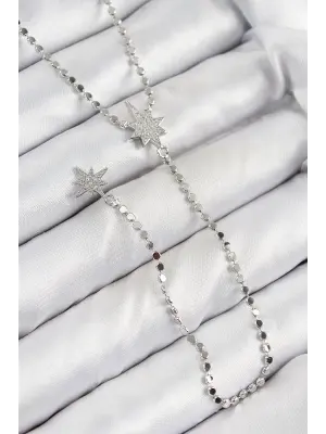 Pirinç Zirkon Taşlı Ezme Zincirli Kutup Yıldızı Model Gümüş Renk Y Kolye