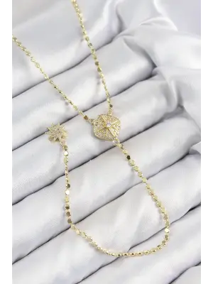 Pirinç Zirkon Taşlı Ezme Zincirli Madalyon Model Gold Renk Y Kolye