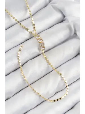 Pirinç Zirkon Taşlı Ezme Zincirli Model Gold Renk Y Kolye