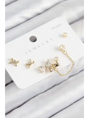 Pirinç Zirkon Taşlı Fiyonk Model Gold Renk 925 Ayar Gümüş Çivi Kadın Küpe Set