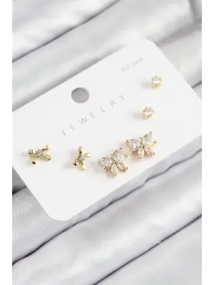 Pirinç Zirkon Taşlı Fiyonk Model Gold Renk 925 Ayar Gümüş Çivi Kadın Küpe Set