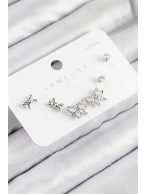 Pirinç Zirkon Taşlı Fiyonk Model Gümüş Renk 925 Ayar Gümüş Çivi Kadın Küpe Set