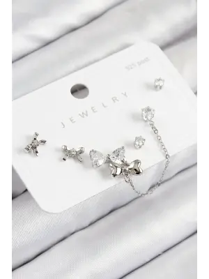 Pirinç Zirkon Taşlı Fiyonk Model Gümüş Renk 925 Ayar Gümüş Çivi Kadın Küpe Set