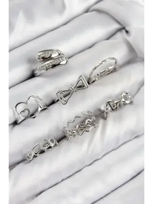 Pirinç Zirkon Taşlı Fiyonk Ve Kalp Model Gümüş Renk Kadın Yüzük Kombin Set