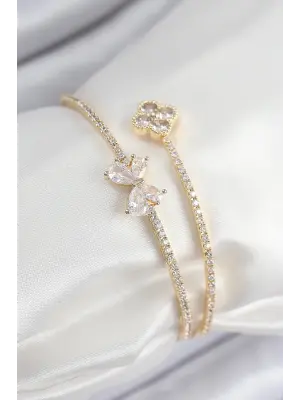 Pirinç Zirkon Taşlı Fiyonk Ve Yonca Model Gold Renk Kadın Bileklik